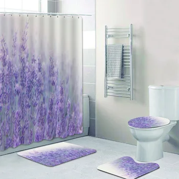 Элегантный набор занавесок для душа с фиолетово-лавандовыми цветами, Шикарная занавеска для ванной комнаты с цветами французской лаванды в пастельных тонах для унитаза, коврик для коврика