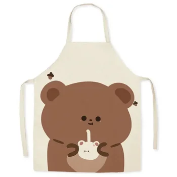 Кухонный фартук с медвежонком и чаем с молоком, фартук с рисунком милого Медведя, домашний Льняной фартук без рукавов, Кухонный фартук для уборки