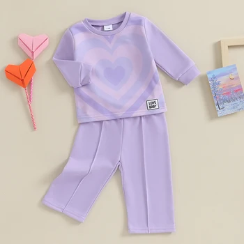 Комплект одежды для маленьких девочек, топы с фиолетовым сердцем и длинные штаны для девочек на День Святого Валентина, комплект из 2 предметов