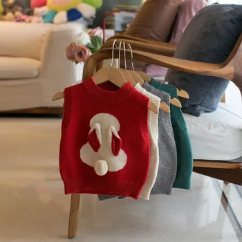 Осенний детский свитер без рукавов 2023 года, милый вязаный жилет контрастного цвета с кроликом для девочек, одежда