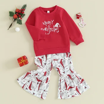 Рождественский наряд для маленьких девочек, Толстовка с длинными рукавами и буквенным принтом, Комплекты штанов с принтом Санта-Клауса