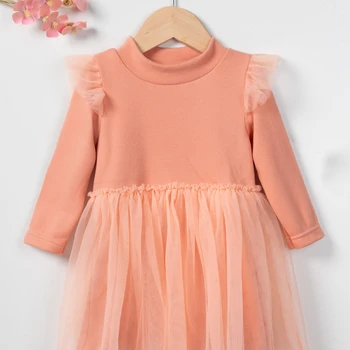 Весенне-осенние платья принцессы для девочек с длинными рукавами, однотонное сетчатое милое платье в стиле пэчворк для девочек, платья в цветочек для девочек, Детская одежда
