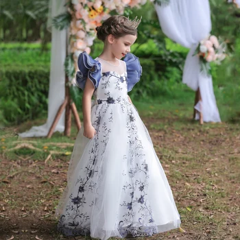 Европейско-Американское платье принцессы с цветочной вышивкой для детей, ведущая Фортепианного шоу для девочек, Короткий рукав 