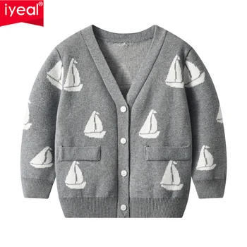 Вязаный кардиган с V-образным вырезом для мальчиков IYEAL Kids 2023, Осенне-зимний новый детский свитер с вышивкой в виде парусника, пальто