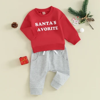 Комплекты рождественских штанов для маленьких мальчиков, толстовка с длинным рукавом и буквенным принтом, однотонная Одежда для новорожденных мальчиков