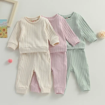 Детский комплект одежды из 2 предметов, милая однотонная толстовка с длинным рукавом и штаны для новорожденных, осенняя одежда