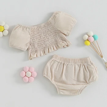 Комплект шорт для маленьких девочек, милый плиссированный топ с коротким рукавом и шорты с эластичной резинкой на талии, летняя одежда для младенцев