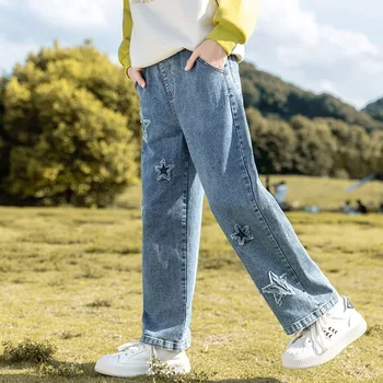 Джинсовые брюки для девочек с сердечками, повседневные Новые Весенне-осенние Модные Длинные джинсы, прямые брюки в корейском стиле для детей 6, 8, 10 лет