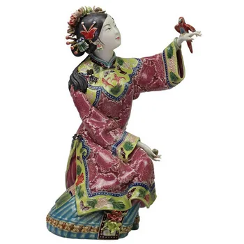 Старинная китайская фарфоровая статуэтка Статуэтка для домашнего декора Керамическая Классическая женская Весенняя поделка с попугаем, Аксессуары для дома с росписью