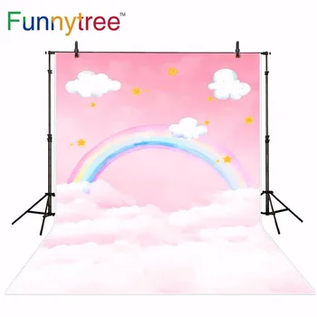 Фон Funnytree для фотостудии радужно-розовое небо, облака, звезды, картина, фон для душа ребенка, фотобудка, фотосессия