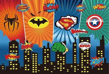 Фон для фотосъемки супергероев, супер городские здания, день рождения мальчиков с воздушными шарами, индивидуальный фон для фотосъемки, декор для детского душа, баннер
