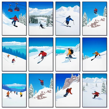 Зимние виды спорта, лыжник, лыжные плакаты и принты, живопись на холсте, Сноуборд, Лыжи, Настенные рисунки для домашнего декора гостиной
