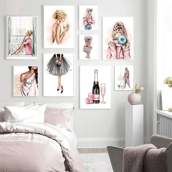 Розовая одежда Модный Женский плакат с шампанским и десертом, платье с принтом, холст, художественная роспись, настенная картина, домашний декор в современной комнате для девочек