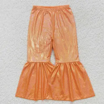 Оптовая продажа, Детские Оранжевые расклешенные брюки, Весенне-осенняя одежда для малышей, Голографические брюки из спандекса для маленьких девочек