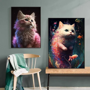 Плакат с милым котом и гравюра, неоновый световой эффект, настенное искусство, абстрактное животное, картина на холсте для детской комнаты, украшение дома