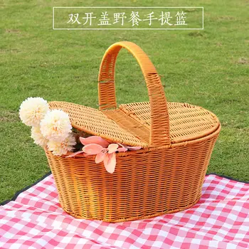 Корзина для рук из ротанга для пикника на открытом воздухе с крышкой для покупок, большой цветок, хранение фруктов для пикника