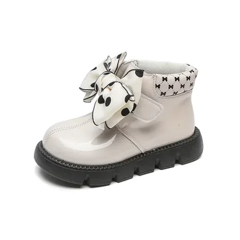 Зимние ботинки для девочек, Милые Плюшевые ботинки с Бабочкой и узлом, Милые Детские Короткие Ботинки Из Плотной Светлой Кожи, Черный, Белый Цвет, Детская обувь 26-36