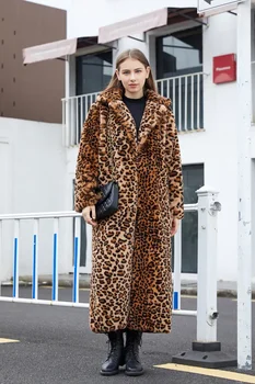 2023 High Street Леопардовый Принт, Длинное Пальто Из Искусственного Меха, Пушистая Куртка для Женщин, Зимние Плюшевые Пальто и Куртки Из Искусственного Кроличьего Меха