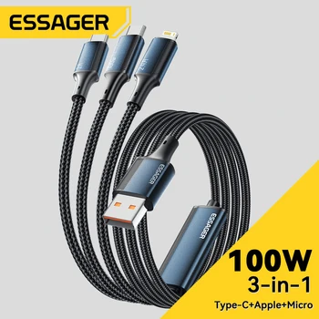 Essager 100 Вт 7A USB Type C Кабель Для Быстрого Зарядного Устройства 3 в 1 Кабель для Быстрой Зарядки iPhone 15 14 13 12 ProMax Samsung Xiaomi Macbook
