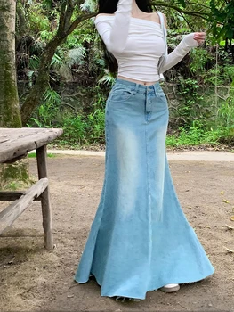 Элегантные женские уличные юбки, женская мода, одежда Y2k, Кавайная синяя юбка, Винтажная Корейская одежда в стиле харадзюку, Длинная джинсовая ткань Макси