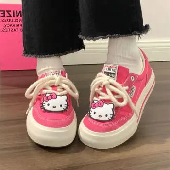 Женские кроссовки Sanrio Hello Kitty из холста с низким берцем, повседневная обувь для скейтборда с вышивкой букв, студенческая обувь на плоской подошве, мода 2023 года, дышащая