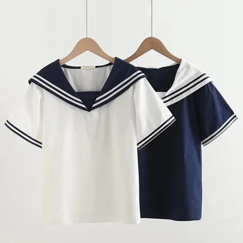 Японская школьная форма mori girls лето Японский стиль каваи матросский воротник с коротким рукавом белые рубашки и блузки с темно синим воротником