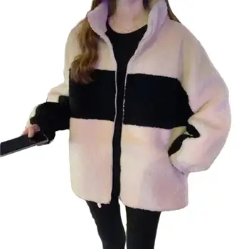 Зимнее пальто в корейском стиле с цветным блоком, воротником-стойкой и утолщенной флисовой ветрозащитной женской курткой на молнии