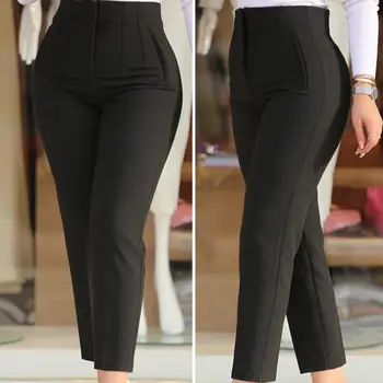 Женские брюки с высокой талией, плиссированные карманы, девятая длина, Однотонные брюки для костюма с прямыми штанинами, офисные женские брюки Pantalones