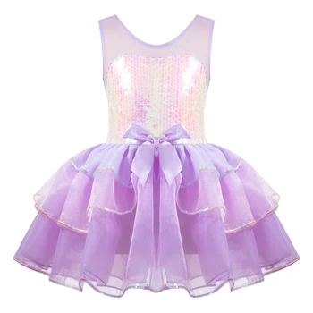 Детское балетное платье-пачка для девочек, гимнастический костюм для выступлений на фигурном катании, Блестящие платья-трико из сетки с пайетками, танцевальная одежда