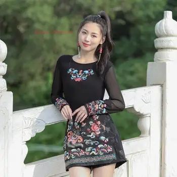 2024 китайская традиционная футболка с национальной цветочной вышивкой, сетчатая рубашка с круглым вырезом, винтажные топы hanfu, восточный костюм тан, базовая рубашка