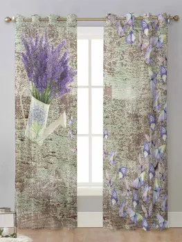 Лейка с фиолетовым цветком и бабочкой, прозрачные шторы для окна гостиной, Вуалевая тюлевая занавеска, шторы Cortinas для домашнего декора