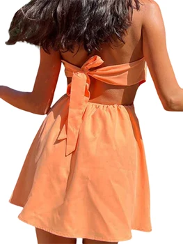 Женское мини-платье трапециевидной формы без рукавов с открытой спиной, с вырезом без бретелек и деталями на завязках для коктейльных вечеринок в клубах