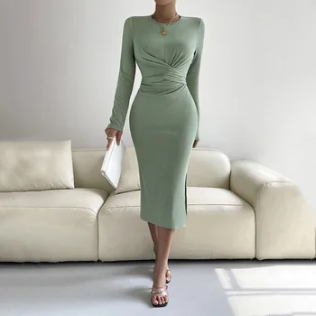 Новое женское платье 2023 года с круглым вырезом, облегающее платье средней длины, платье с длинным рукавом