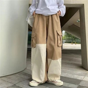 Женские широкие брюки Y2K Harajuku, сшитые строчкой, Bf, свободные Японские повседневные брюки-карго, модные прямые брюки с высокой талией