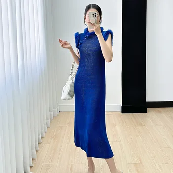 Модное платье Miyake Осень 2023, Новые женские летние платья средней длины со складками, уменьшающими возраст, и без рукавов, подчеркивающие темперамент,