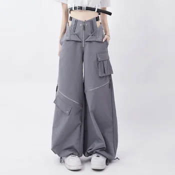 Серые брюки-карго, женские летние повседневные оригинальные ретро брюки с несколькими карманами на молнии, дизайн из двух предметов одежды, повседневные брюки оверсайз для женщин