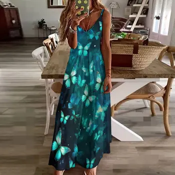 Женское повседневное платье со свободным ремешком, пляжное летнее сексуальное платье Макси в стиле бохо, платья с блестящим принтом бабочки, Robe Femme