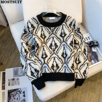 Леопардовый Жаккардовый свитер свободной вязки, пуловер, женские винтажные Стильные шикарные модные топы, осенне-зимние джемперы с длинным рукавом и круглым вырезом.