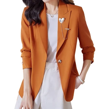 Lenshin/ Высококачественный повседневный оранжевый блейзер с карманом для женщин, модная элегантная верхняя одежда в стиле пэчворк, официальный жакет, женские пальто