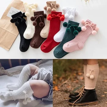 Носки до колена для девочек, рождественские носки с вишневым шариком для девочек, хлопковые носки для младенцев, длинные осенне-зимние теплые детские носки
