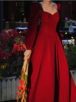 Элегантное Красное Длинное платье, женское Винтажное платье с квадратным воротником, приталенное вечернее платье, Женское платье 2023, Корейское повседневное платье Fairycore для вечеринки, Новое