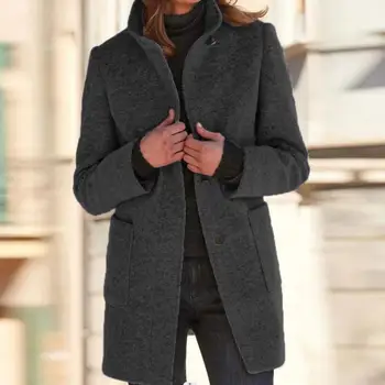 Женская однотонная куртка, шерстяная куртка с длинными рукавами, стильное женское зимнее пальто с воротником-стойкой, мягкое и теплое на осень